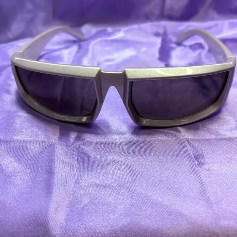 Silver unisex wraparound sunglasses with dark tinted lenses futuristic cybercore